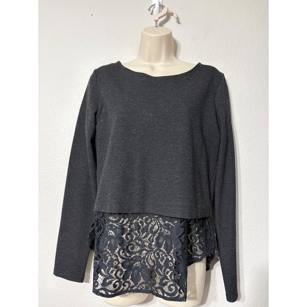 Theory Bente Idol Jersey Gray Lace Hem Split Back Zip Top G0126560 Wool Blend M